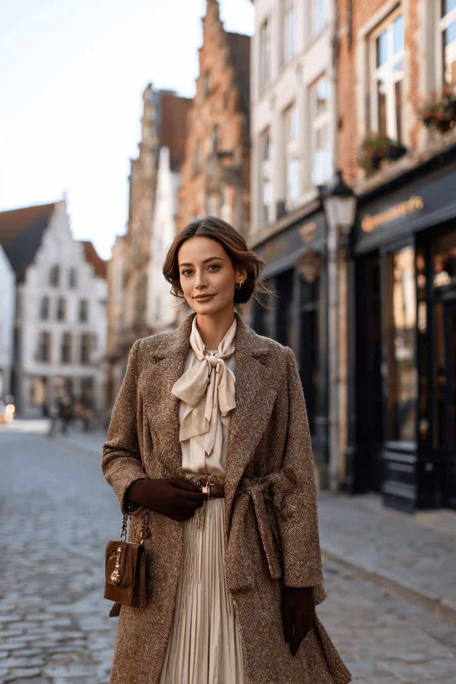 Frau im Retro-Herbstlook mit Midi-Rock, Trenchcoat und Barett auf einer von Laub bedeckten Straße.