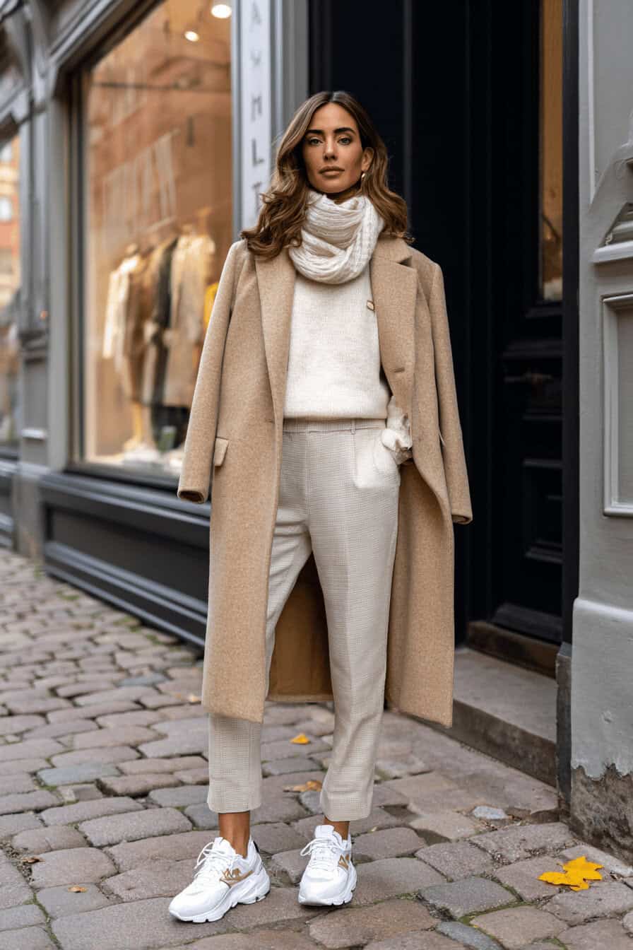 Frau in beigem Mantel, Strickpullover, Cropped-Jeans und weißen Sneakers auf einer herbstlichen Straße mit buntem Laub.
