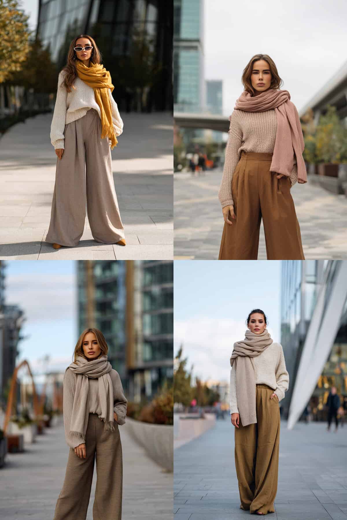Vier modische Herbstlooks mit weiten Stoffhosen und Strickpullovern im urbanen Umfeld