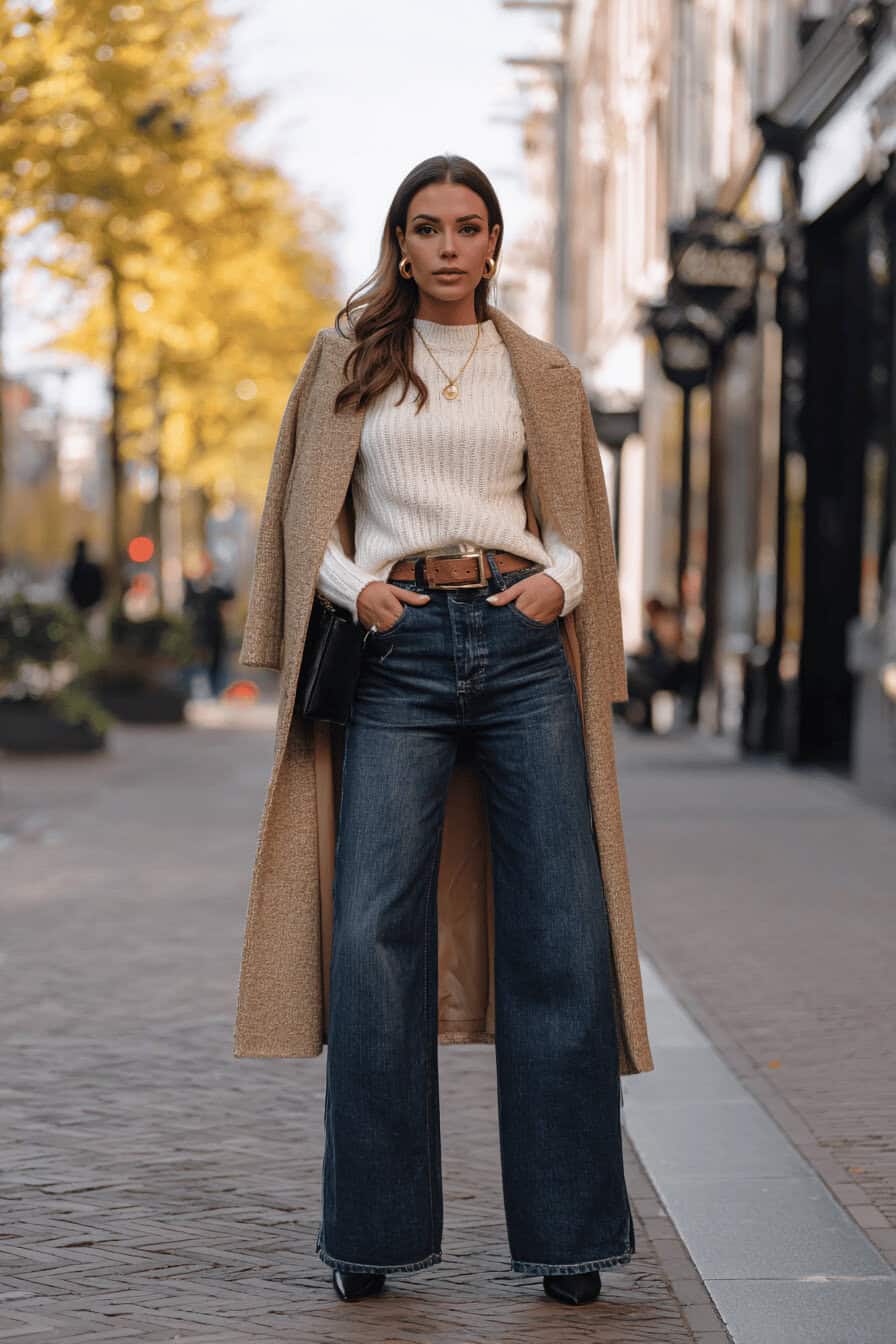 Frau im herbstlichen Streetstyle mit Wide-Leg-Jeans, High-Waist, Strickpullover, Trenchcoat und Ankle Boots.