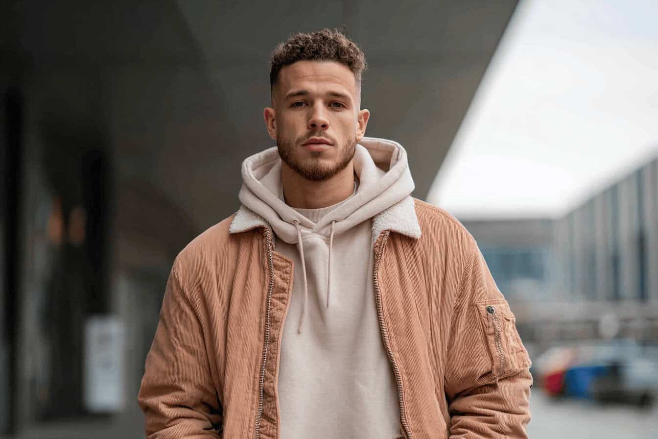 Mann in hellbrauner Cordjacke und beigefarbenem Hoodie