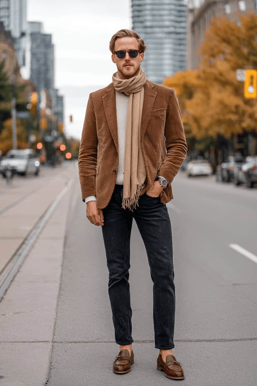Mann trägt braunen Cord-Blazer, helle Strickpullover, Jeans und Loafer auf herbstlicher Straße