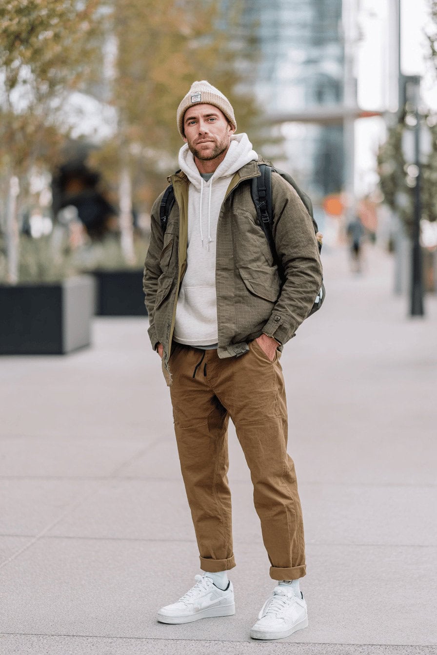 Ein Mann trägt eine olivgrüne Softshell-Jacke, grauen Hoodie, braune Outdoor-Hose und weiße Sneaker in herbstlicher Stadtumgebung.