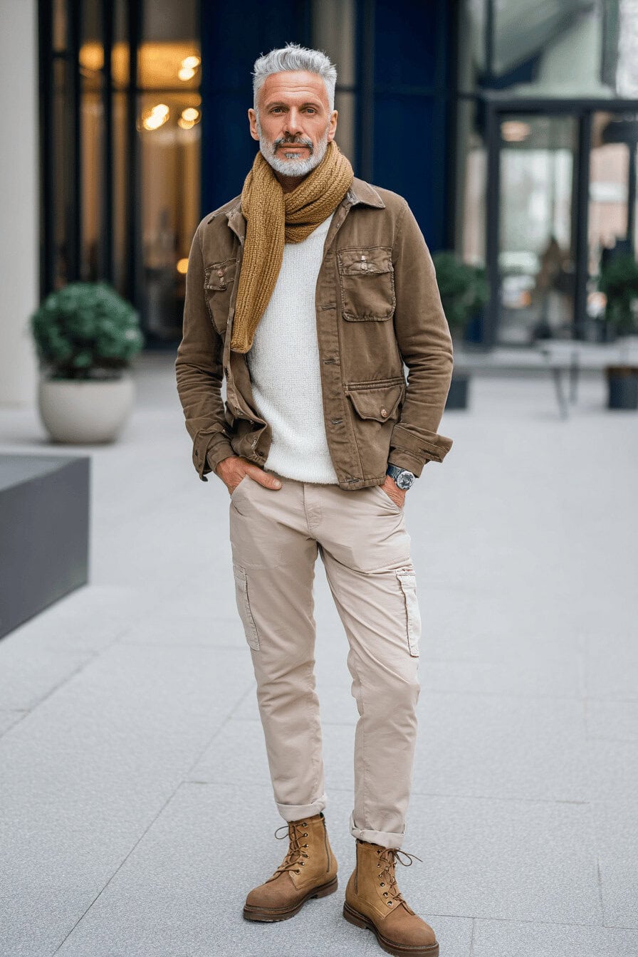 Mann in beiger Cargo-Hose, brauner Utility-Jacke, Schal und Boots im herbstlichen Streetstyle