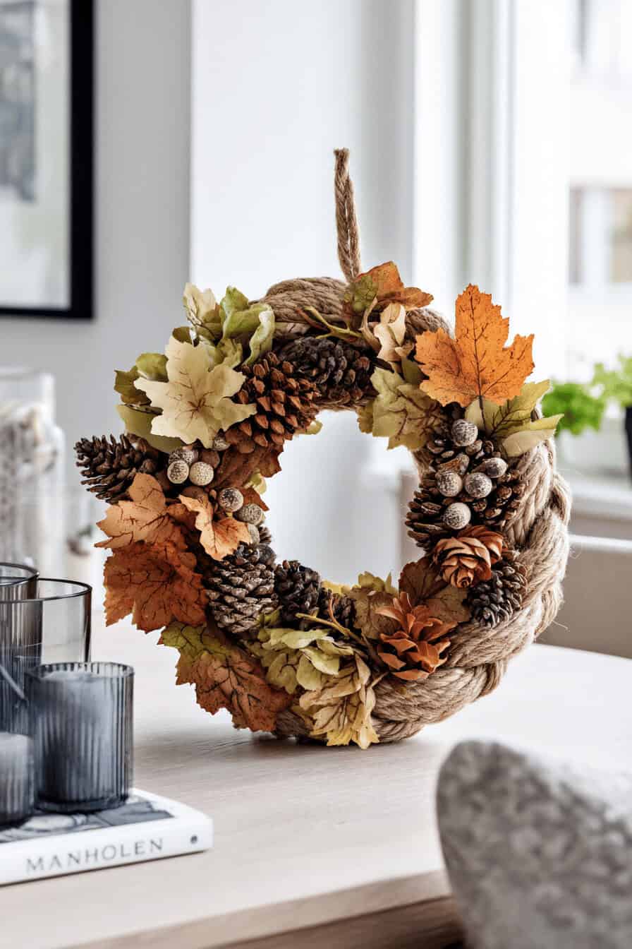 Ein dekorativer Kranz aus Herbstlaub und Zapfen auf einem Tisch.
