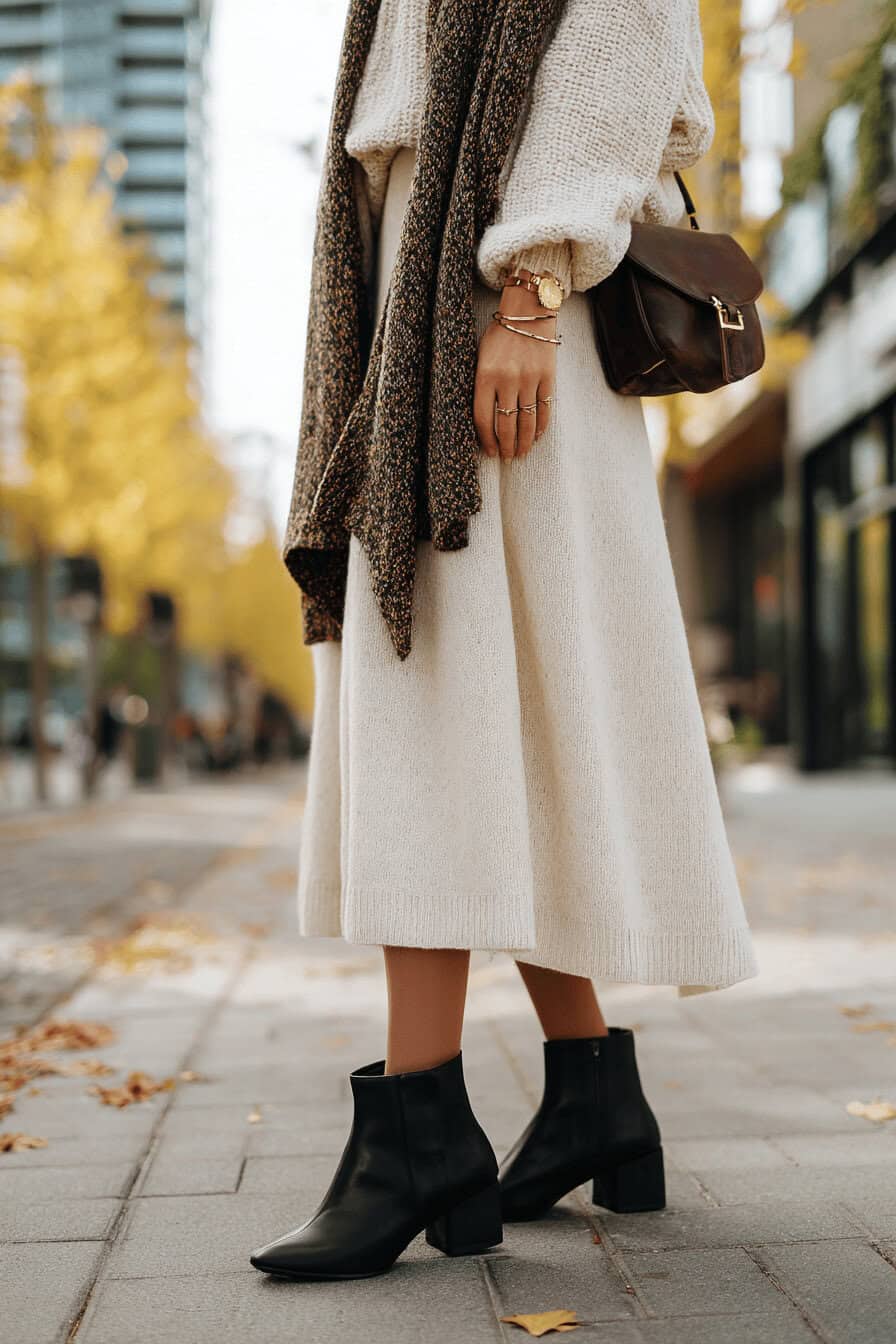 Herbstliches Outfit mit cremefarbenem A-Linienrock und schwarzen Ankle Boots