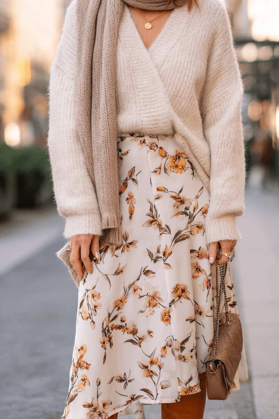 Herbstlook mit geblümtem Rock, Strickpullover und Schal