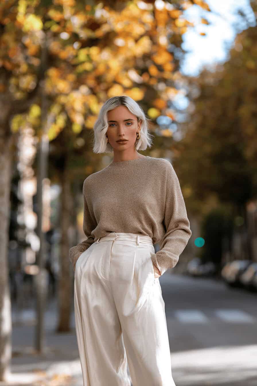 Person trägt eine weite Palazzo-Hose mit engem Strickpullover auf einer herbstlichen Straße.