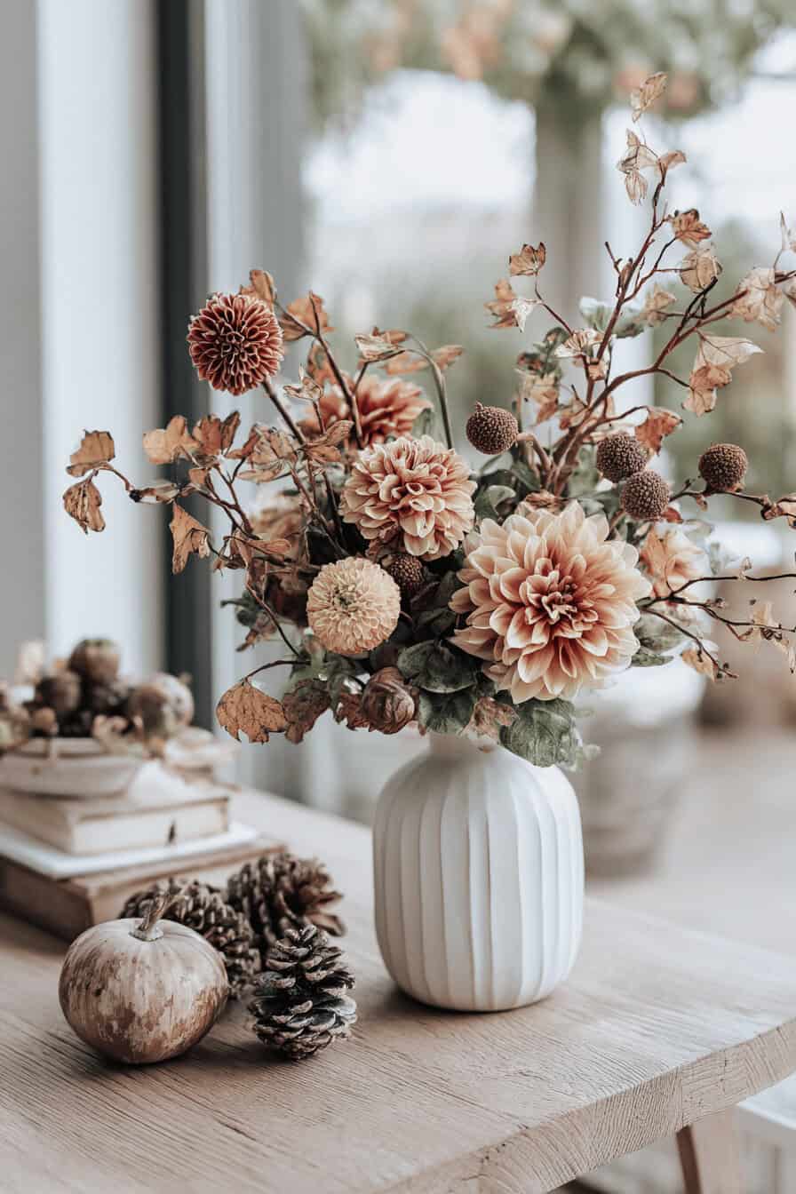 Herbststrauß mit Dahliens und getrockneten Zweigen in einem weißen Keramikvase.