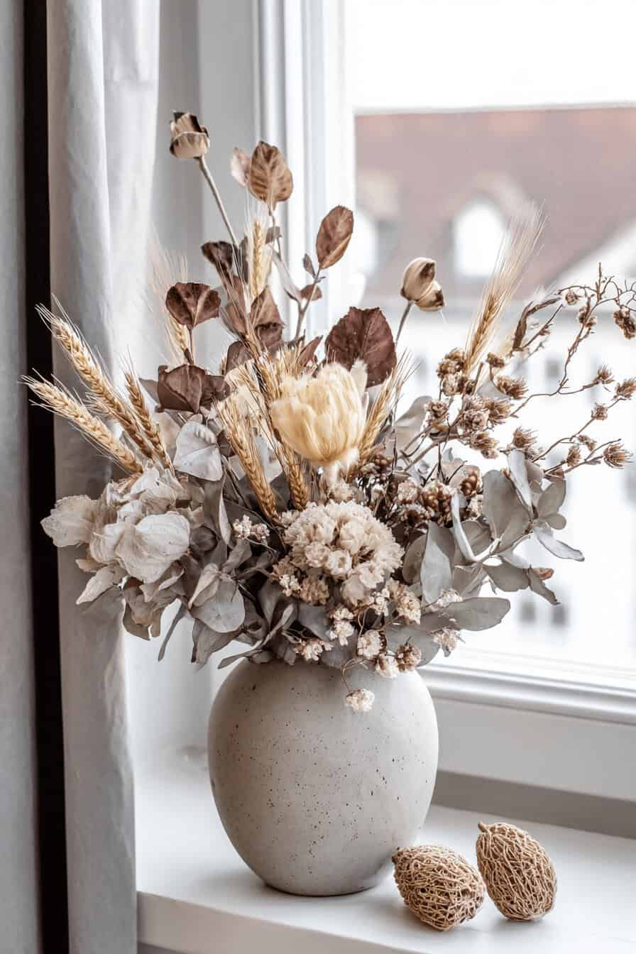 Ein herbstliches Trockenblumen-Arrangement in einer Vase auf einer Fensterbank.