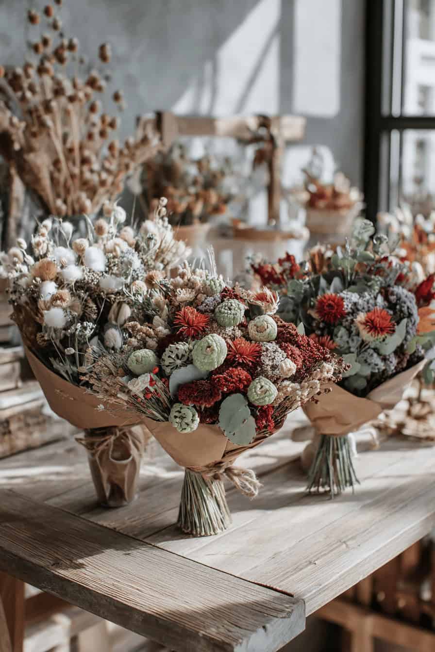 Verschiedene Sträuße mit getrockneten und frischen Blumen, auf einem Holztisch arrangiert.