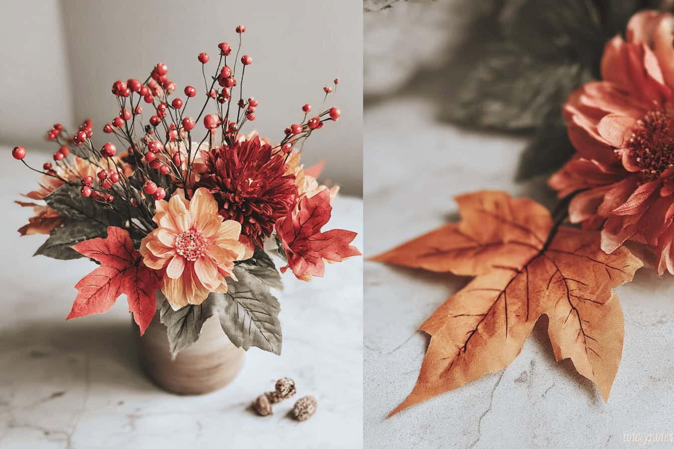 Herbstliches Blumengesteck mit roten und gelben Blüten.