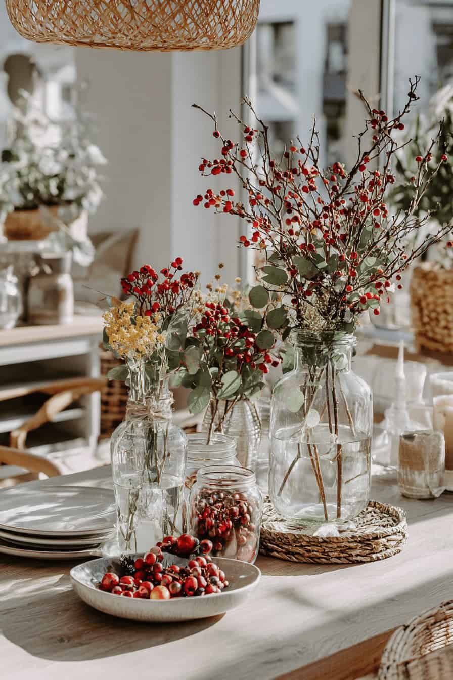 Herbstliche Tischdekoration mit Beeren und Zweigen in Glasvasen.