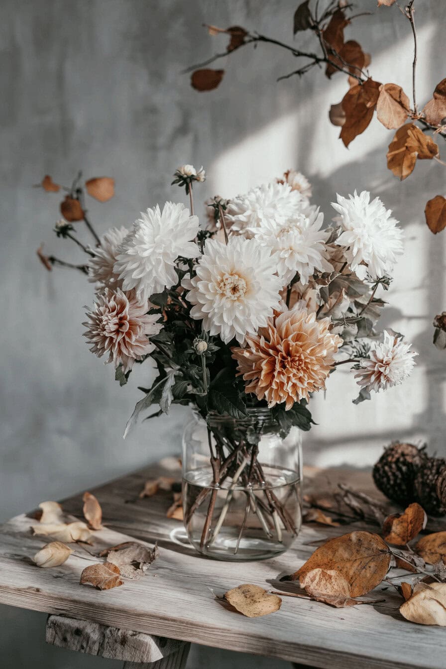 Ein herbstlicher Strauß aus weißen und sanften orangefarbenen Dahlien in einer Glasvase, umgeben von Herbstlaub.