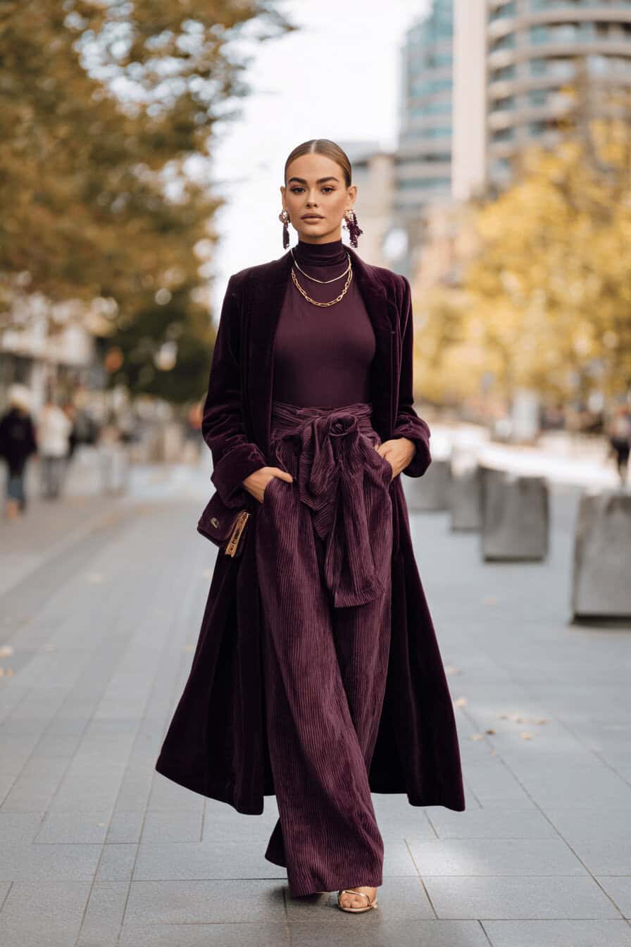 Frau in monochromem Outfit in Italian Plum auf herbstlicher Stadtstraße