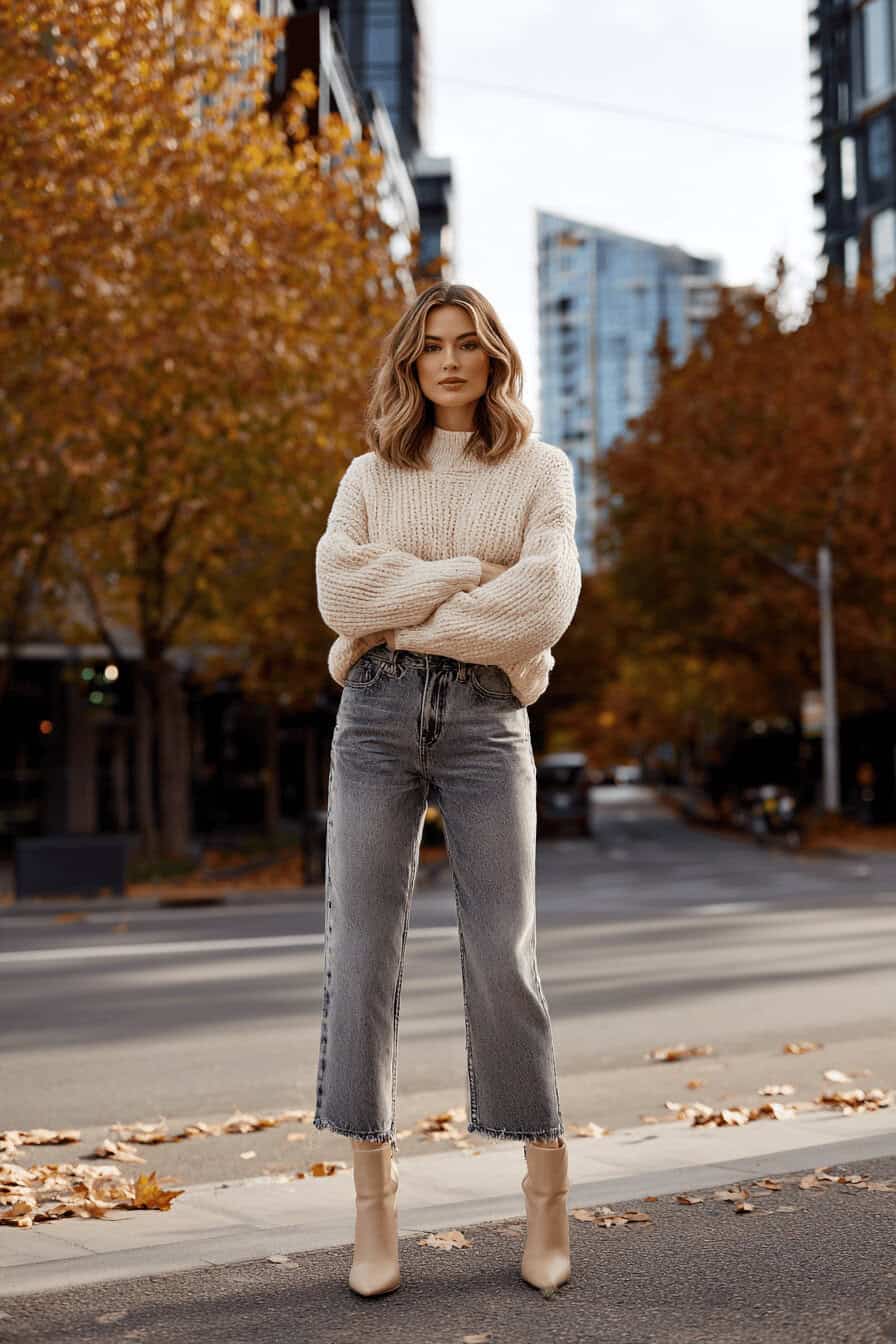 Frau mit Wollpullover und Jeanshose auf herbstlicher Stadtstraße