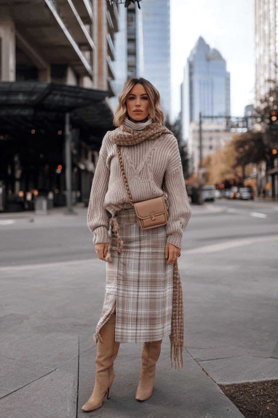 Frau in beige-braunem Herbstoutfit mit kariertem Midirock und Stiefeln