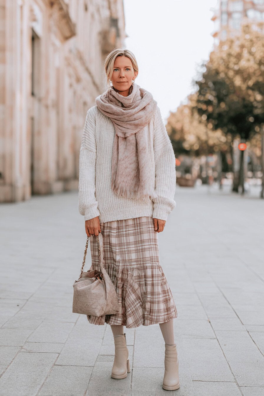 Frau in beigem Herbstoutfit mit Karorock und Strickpullover