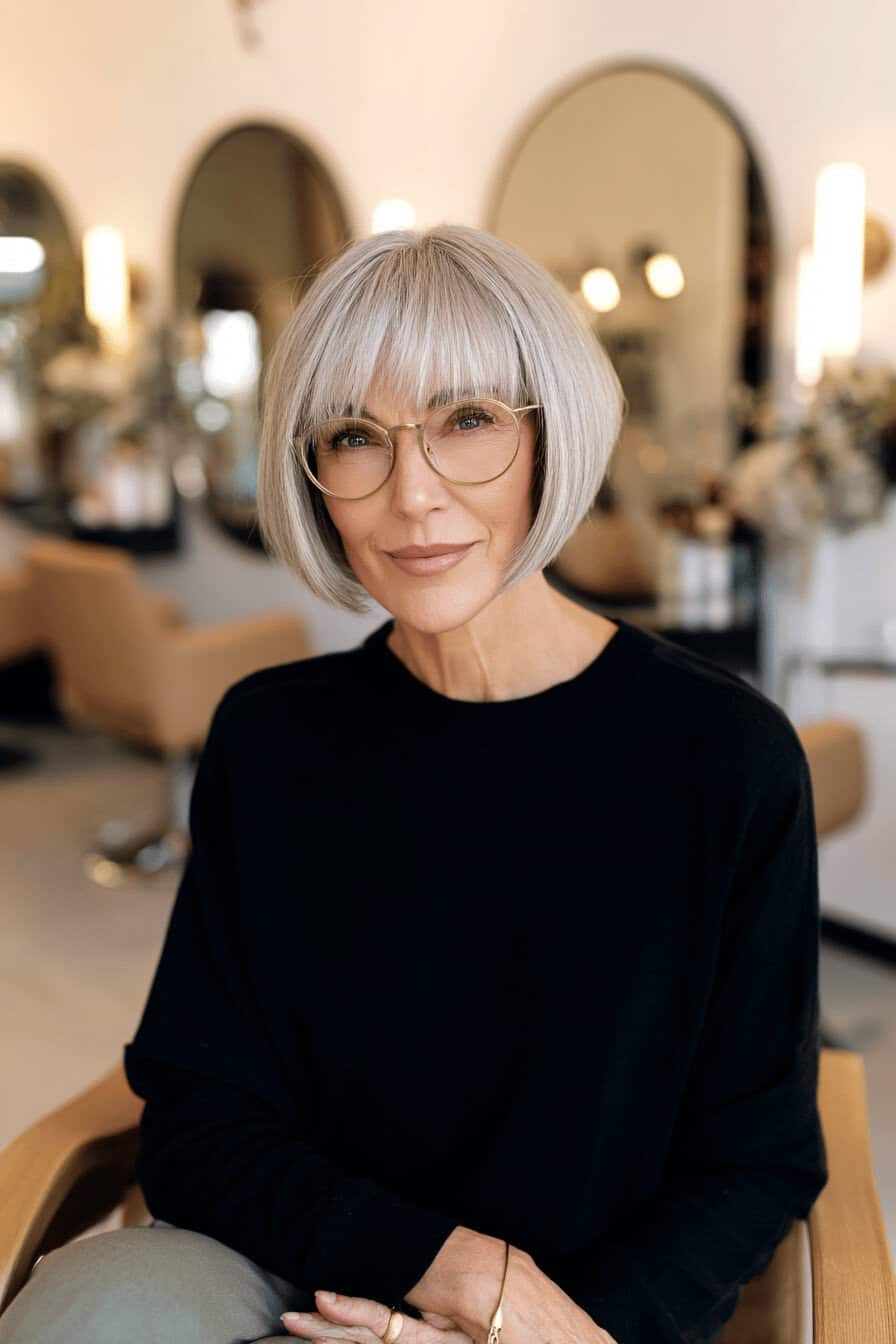 Ältere Frau mit klassischem, grauem Bob und Brille beim Friseur