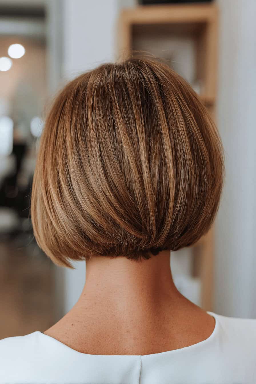 Gestufter Bob von hinten mit kurzem, sauber geschnittenem Nacken