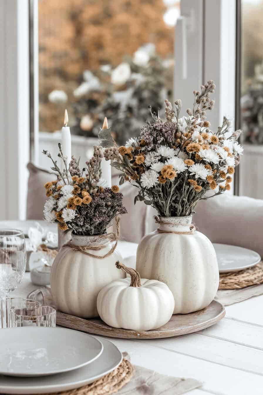 Herbstliche Tischdekoration mit weißen Kürbissen als Vasen für Blumensträuße.
