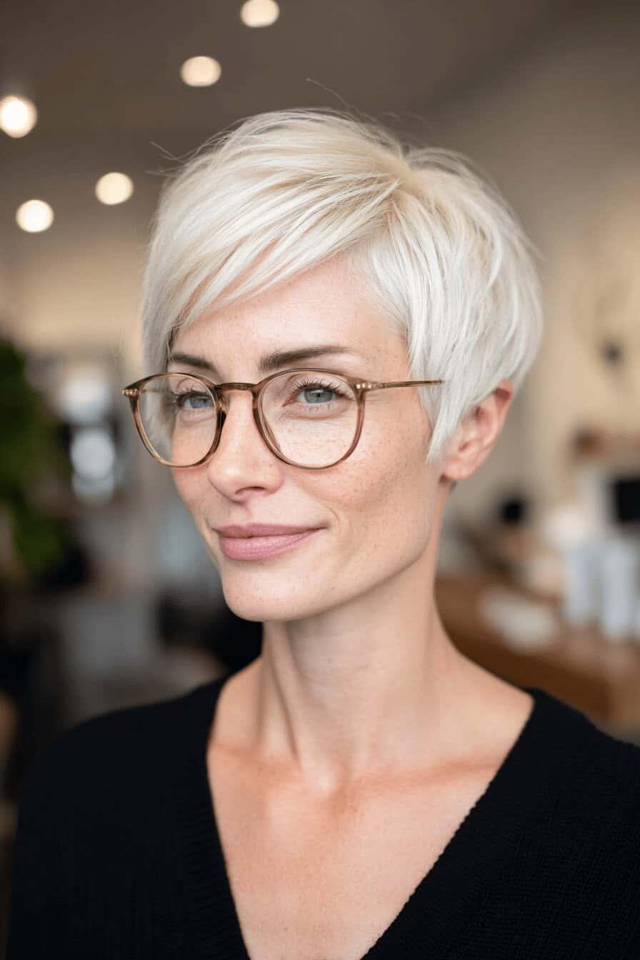 Person mit kurzen blonden Haaren und Brille.