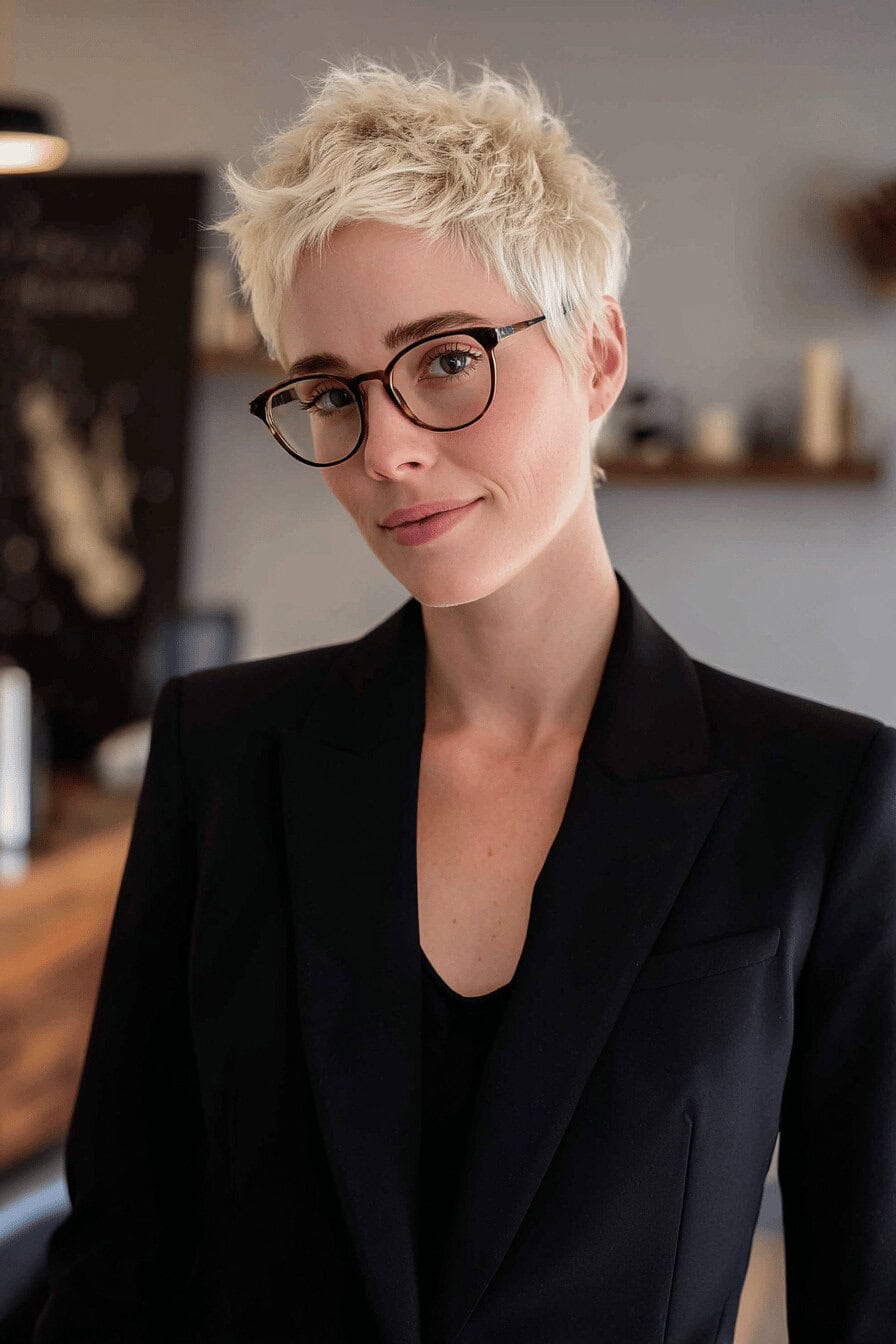 Person mit kurzen blonden Haaren und Brille in eleganter Kleidung.