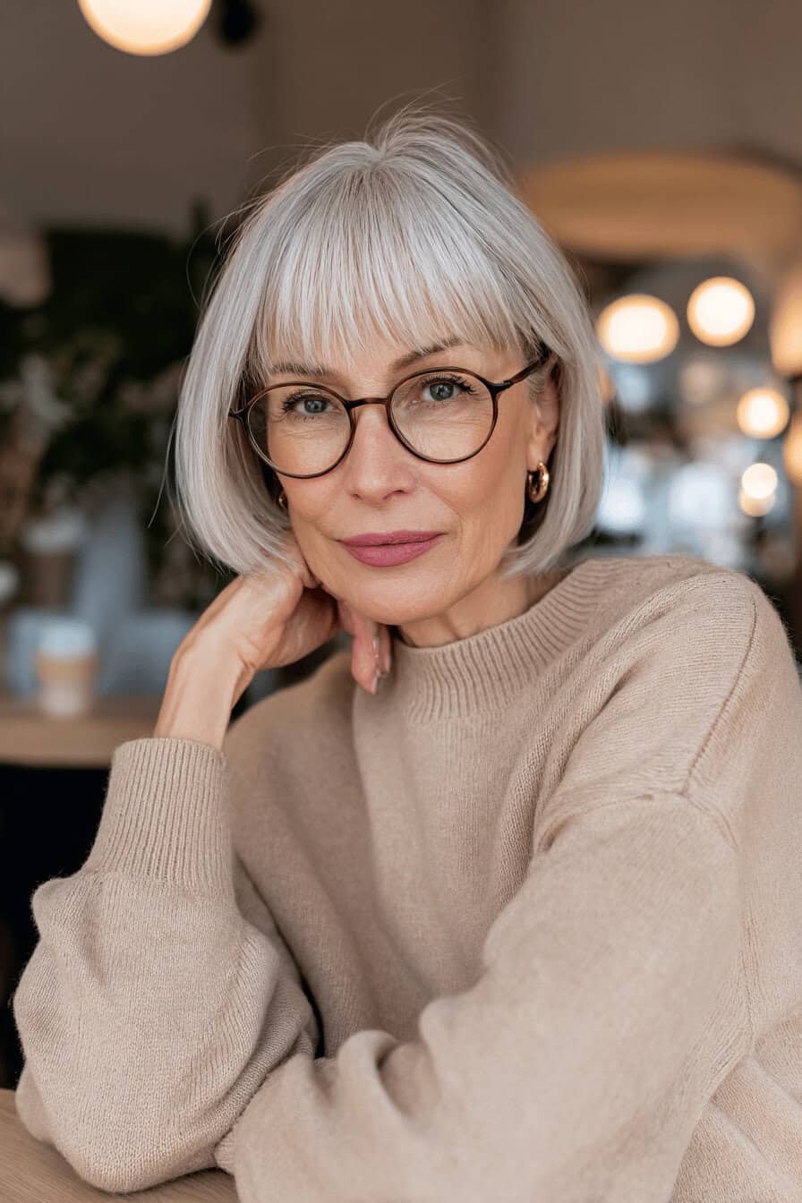 Ältere Frau mit grauem Bob und Long Bangs, stilvoll mit Brille