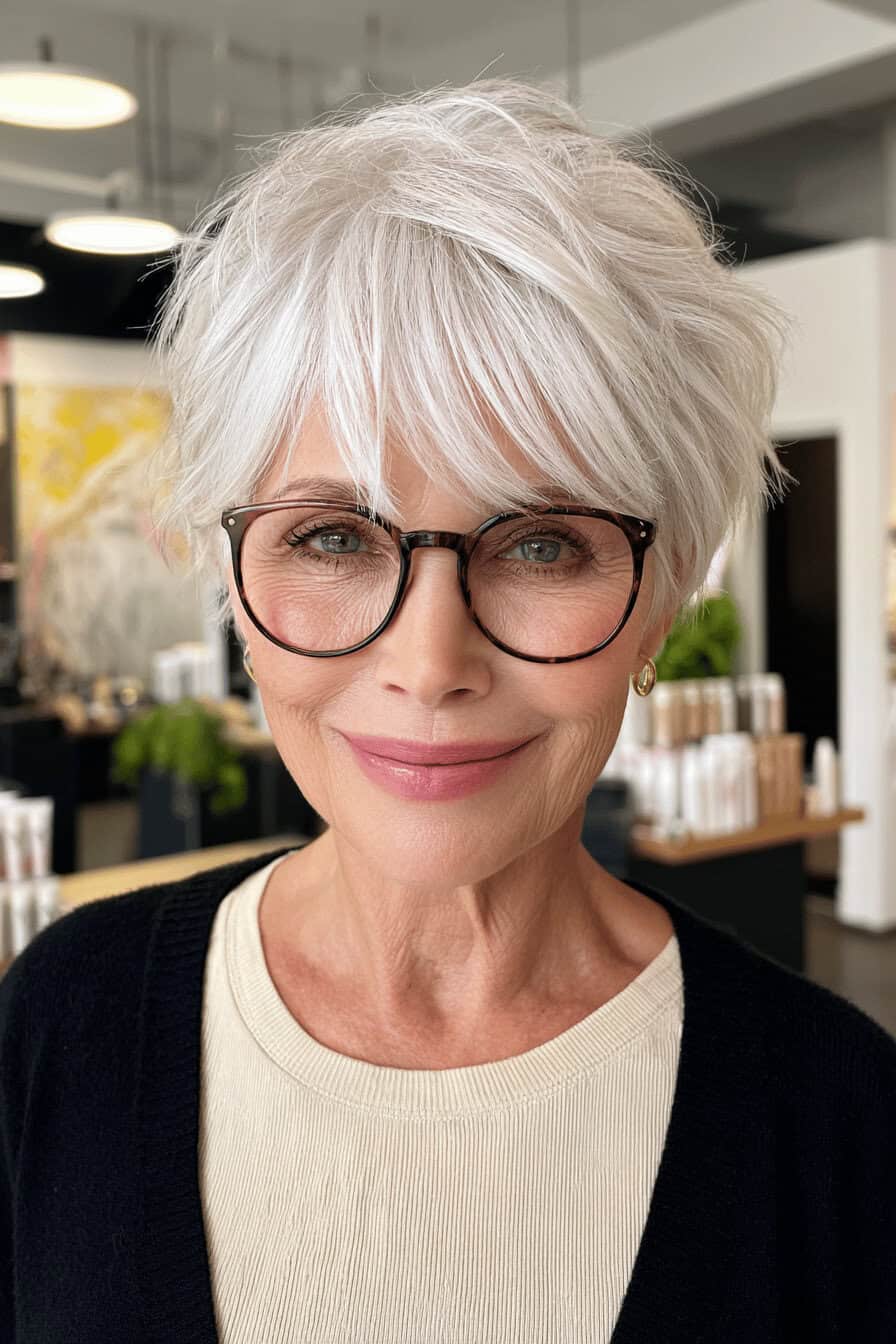 Ältere Frau mit kurzem, fransigem, weiß-grauem Haarschnitt und Brille in einem modernen Friseursalon