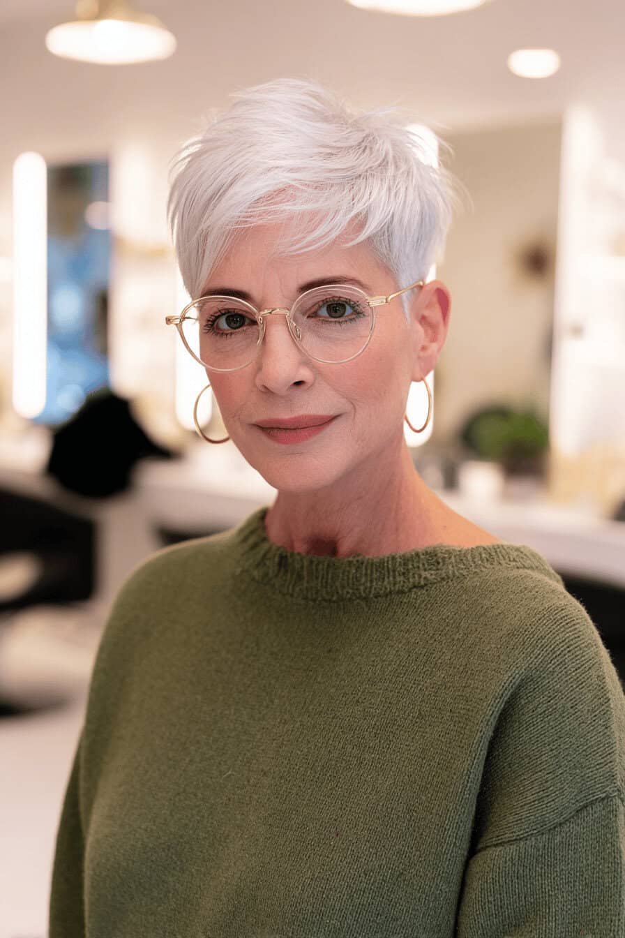 Eleganter grauer Pixie-Cut mit Brille bei Frau über 60 im Salon