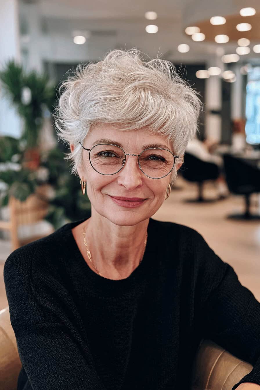 Frau mit kurzem, grau-weißem Crop Cut und runder Brille im Salon