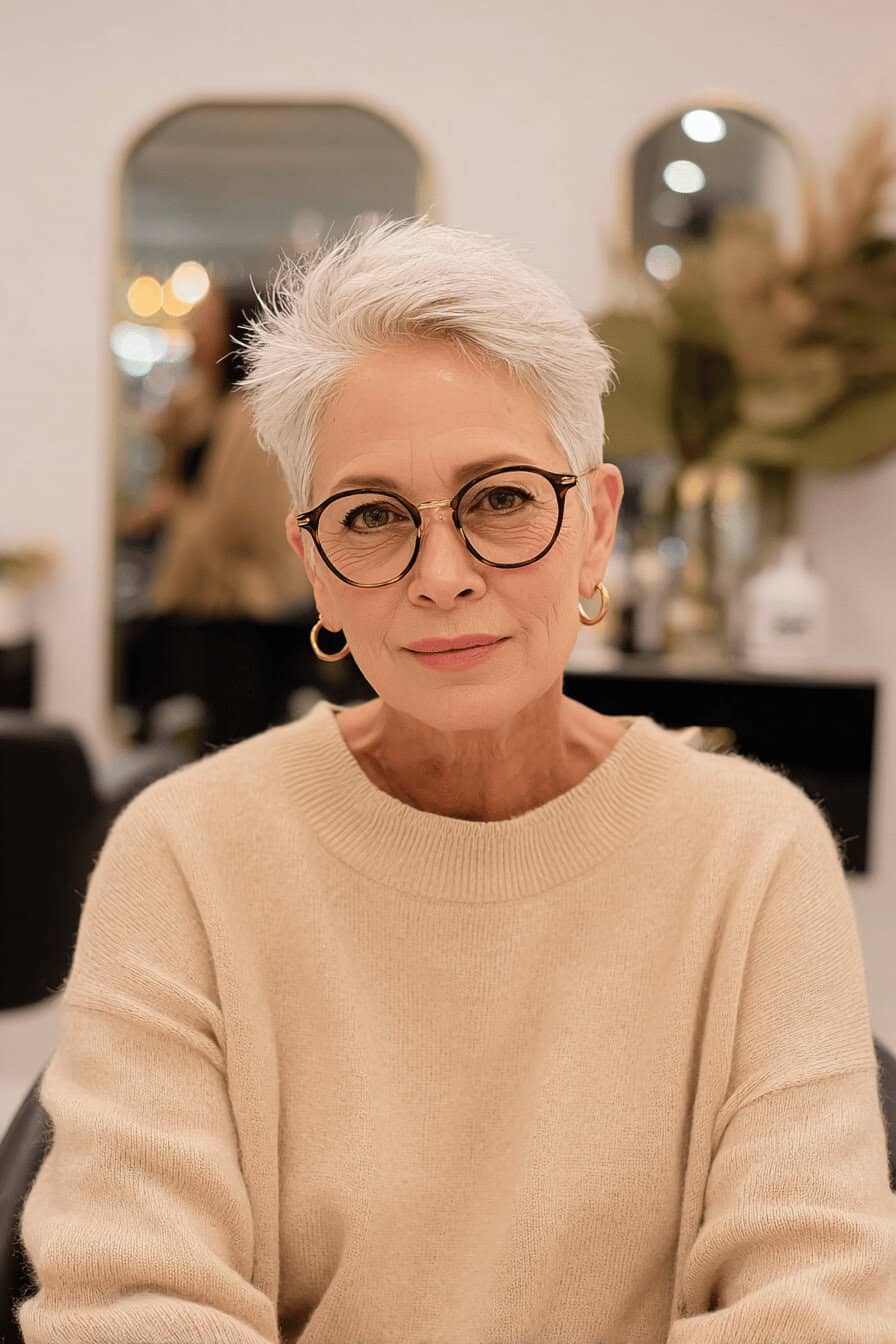 Ältere Frau mit kurzem grauen Pixie Cut und Brille im modernen Salon