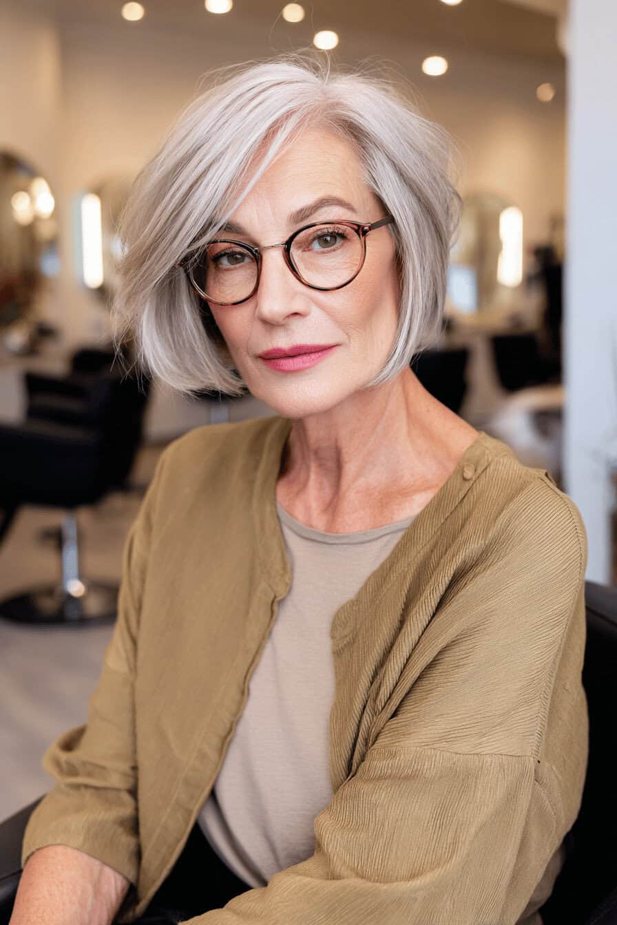 Ältere Frau mit grauem, gestuftem Bob und Brille im Salon