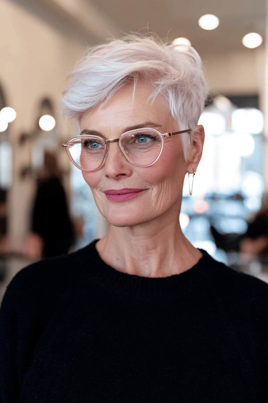 Ältere Frau mit modernem, grauem Pixie Cut und Brille im Salon