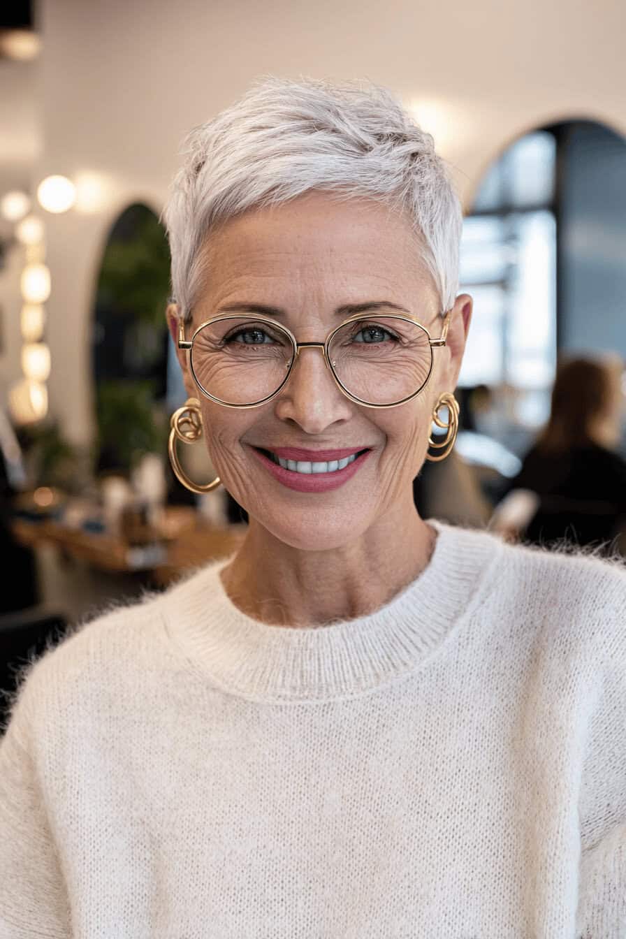 Ältere Frau mit kurzem grauem Crop Cut und runder Brille im modernen Look