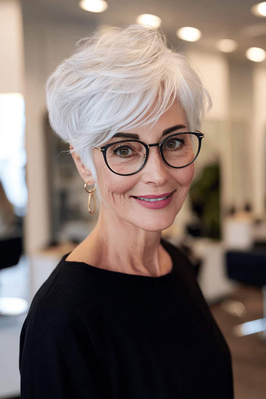 Ältere Frau mit voluminösem, gestuftem Pixie in Grau und stylischer Brille im Salon