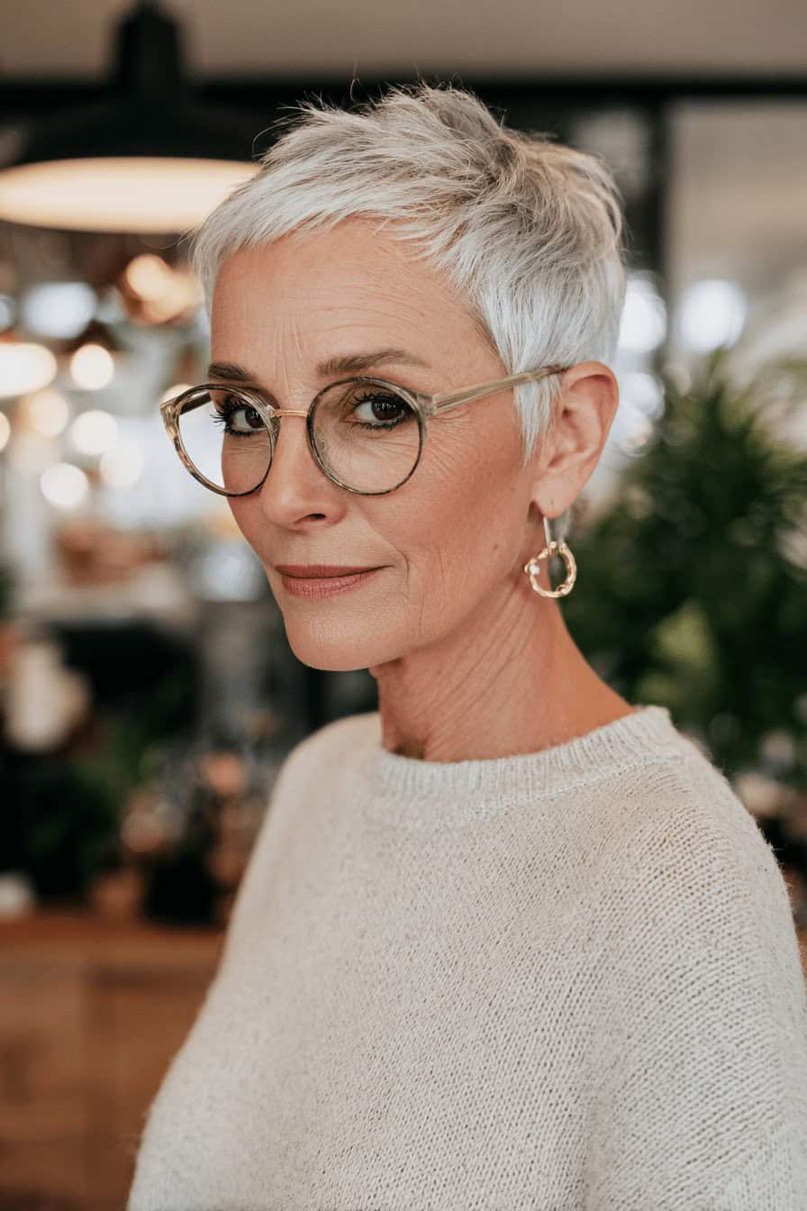 Kurzhaarfrisur im Pixie-Stil mit grauen Haaren und runder Brille bei einer Frau ab 60