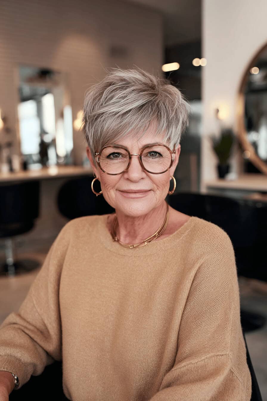 Ältere Frau mit Brille und gestuftem grauen Pixie-Haarschnitt im Salon