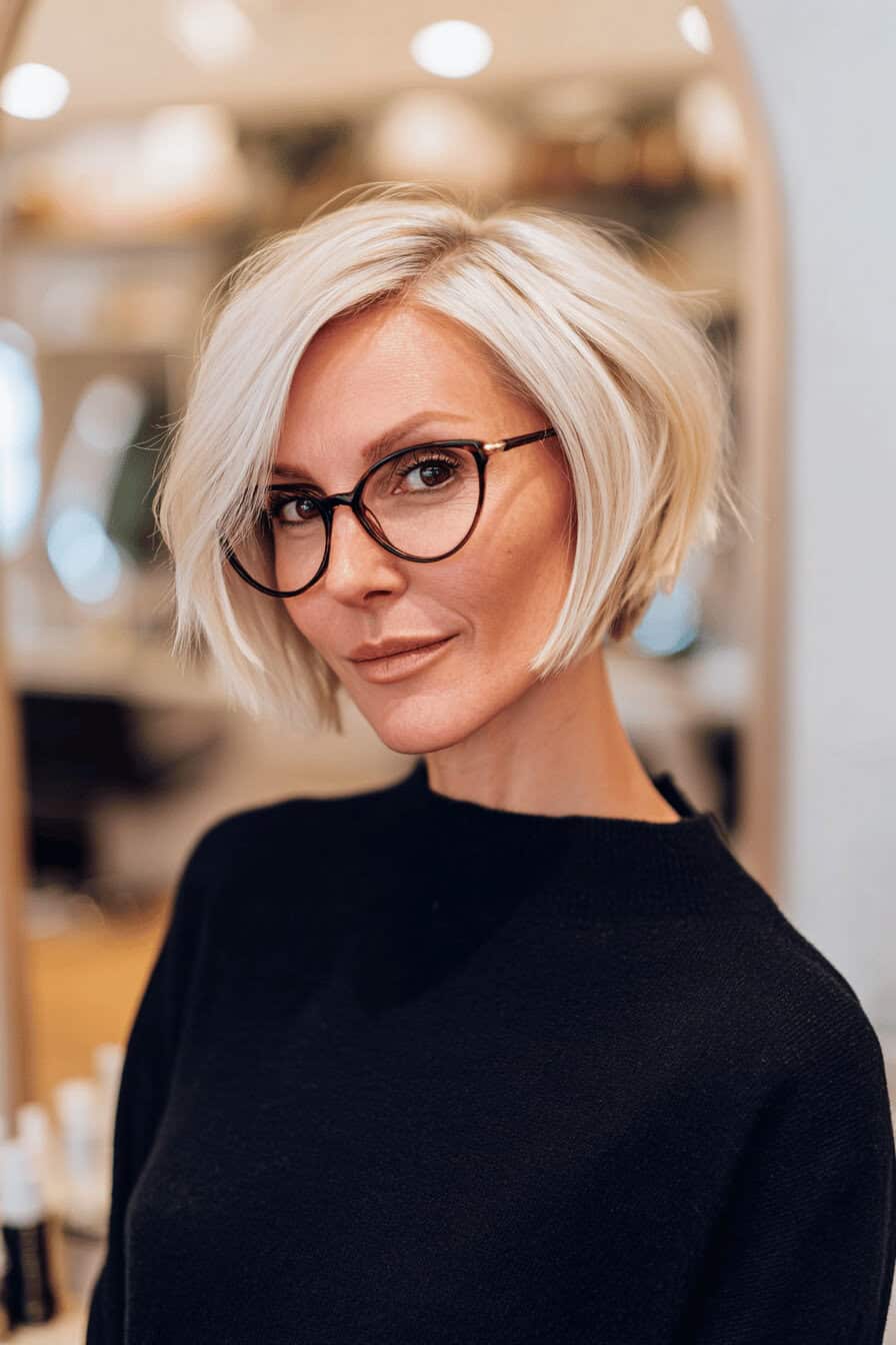 Eine Person mit kurzem, blondem Bob und Brille in einem Salon.