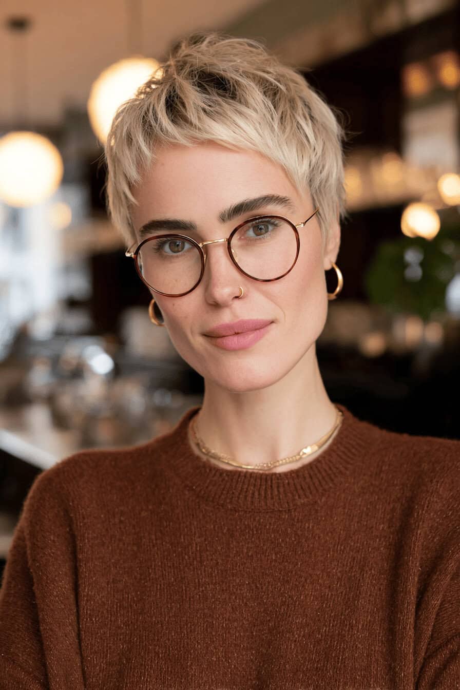 Person mit kurzen blonden Haaren und runden Brillengläsern in einem gemütlichen Raum.