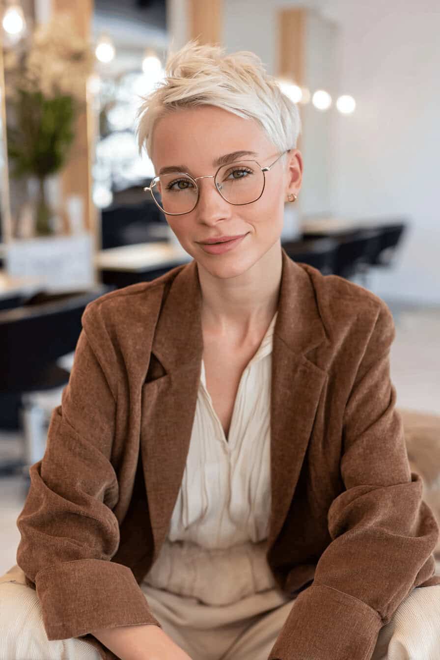 Frau mit kurzem blonden Haar und Brille im Salon.