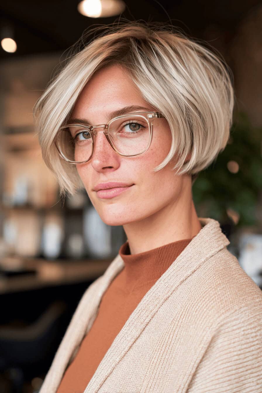 Frau mit kurzen blonden Haaren und Brille in moderner Umgebung