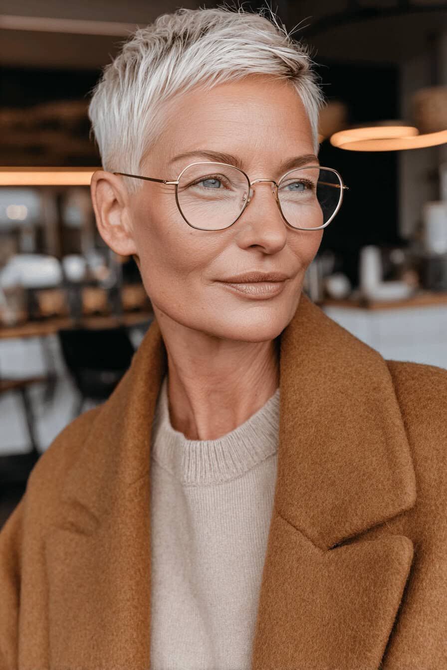 Eine Frau mit kurzen blonden Haaren und Brille in einem Café.