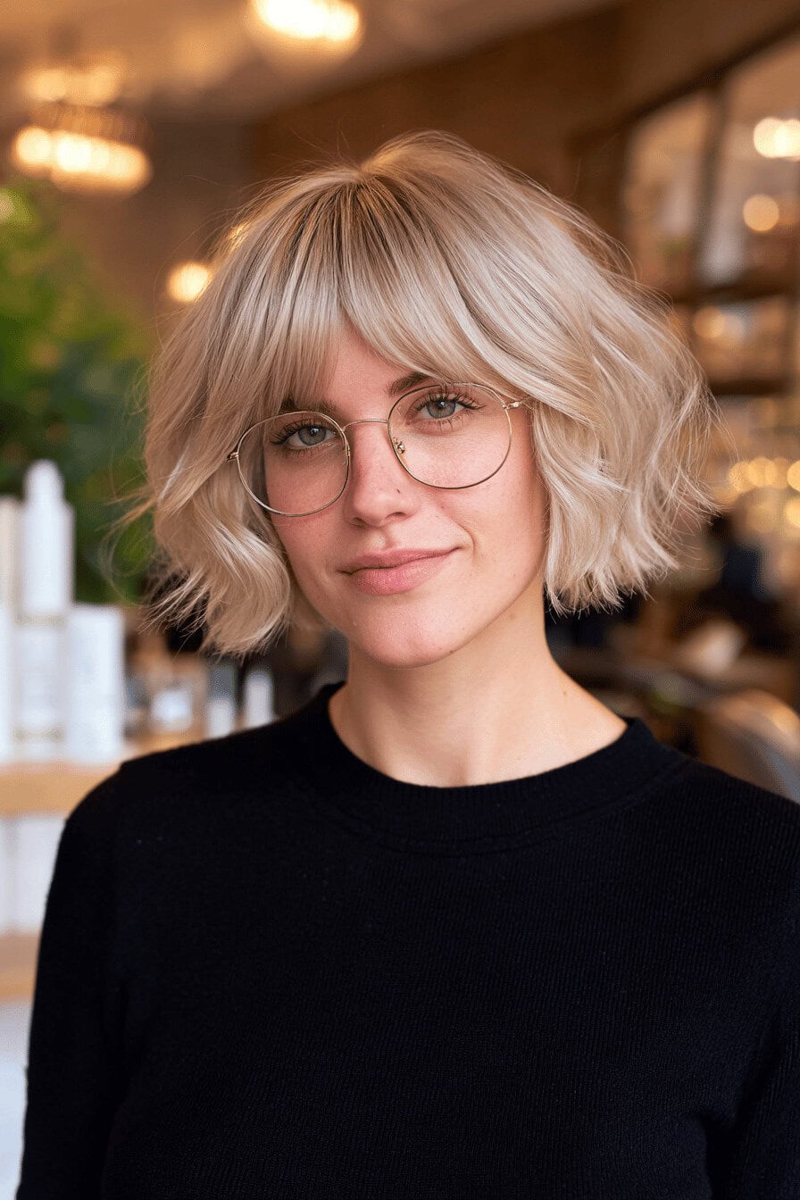 Frau mit kurzen, blonden Haaren und Pony, trägt eine Brille.