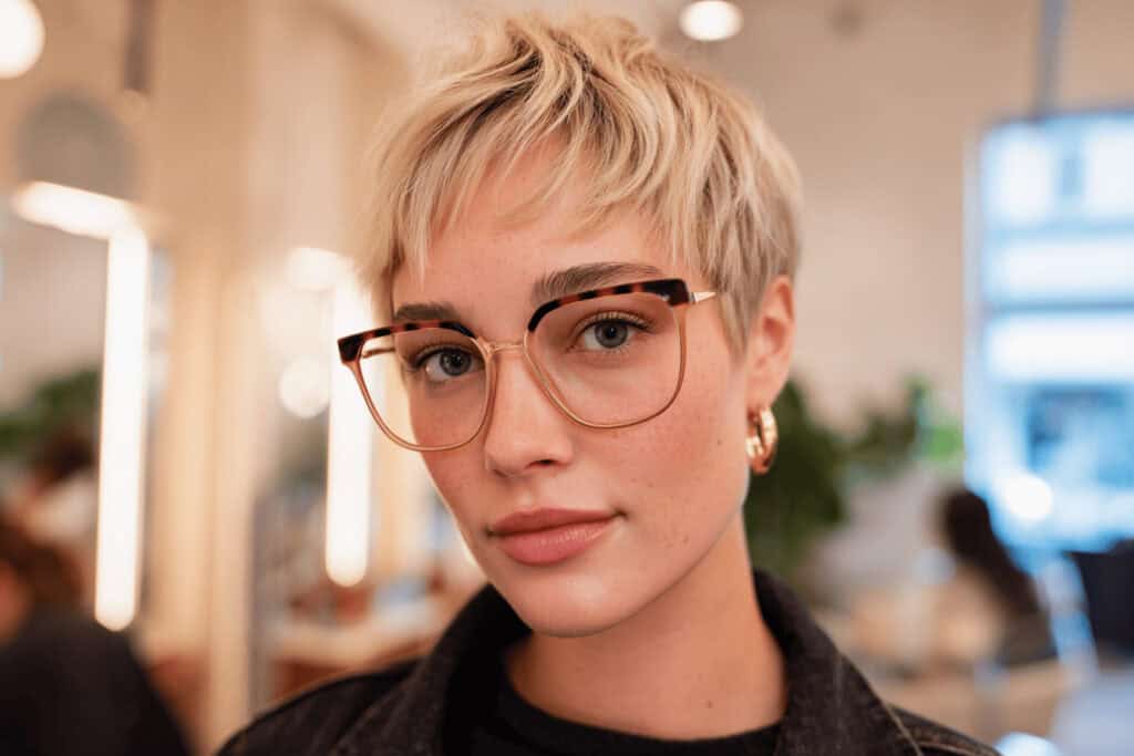 Person mit Kurzhaarfrisur und Brille im Salon
