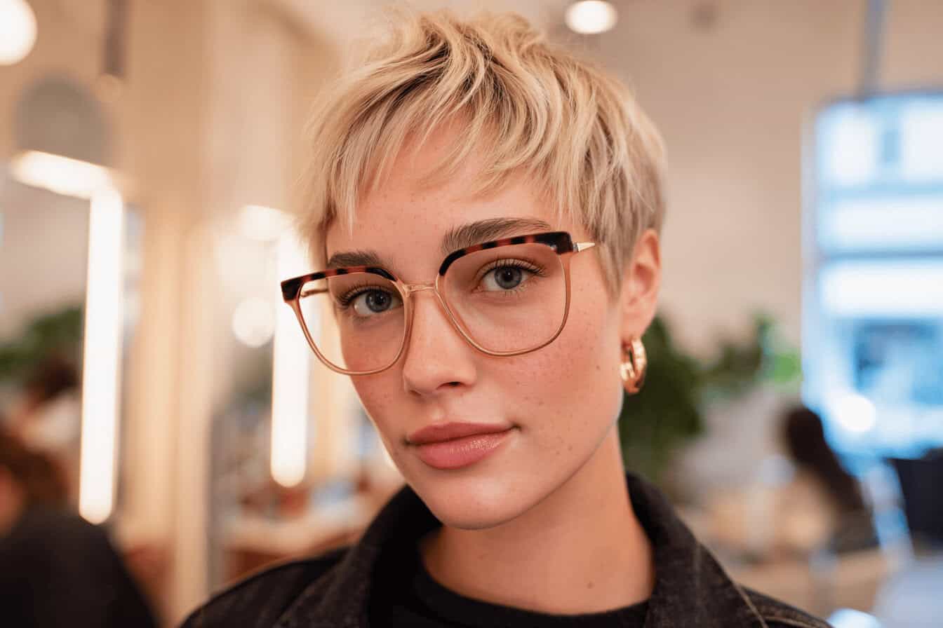 Person mit Kurzhaarfrisur und Brille im Salon