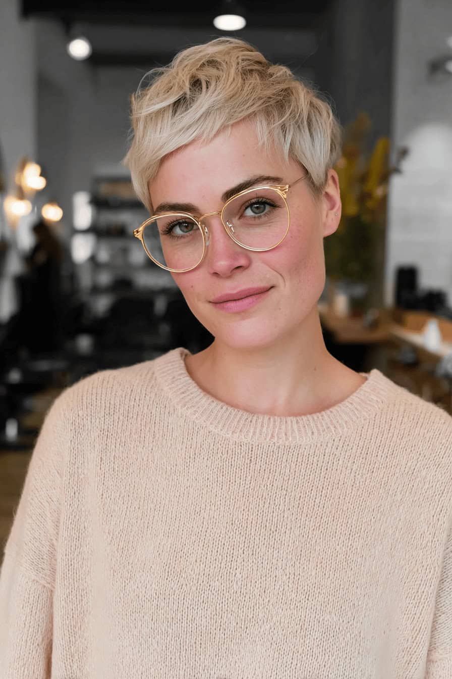 Eine Person mit kurzen blonden Haaren und Brille in einem gemütlichen Raum.