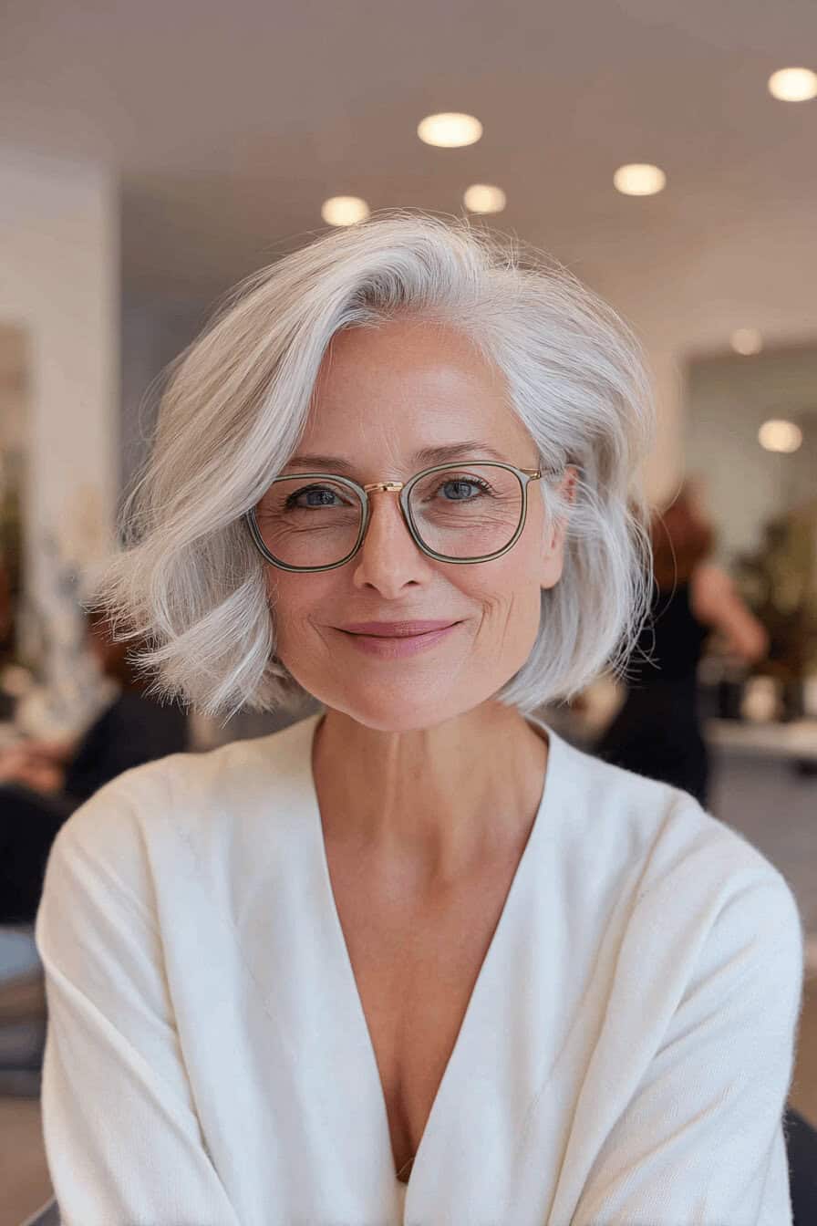 Ältere Frau mit kurzem grauem Bob, sanften Wellen und Brille