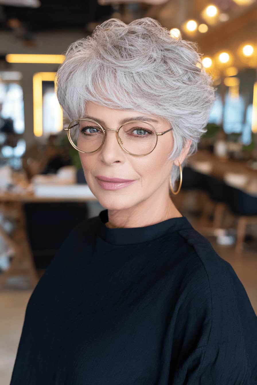Ältere Frau mit kurzem silbergrauem Wedge Cut und runder Brille im Salon
