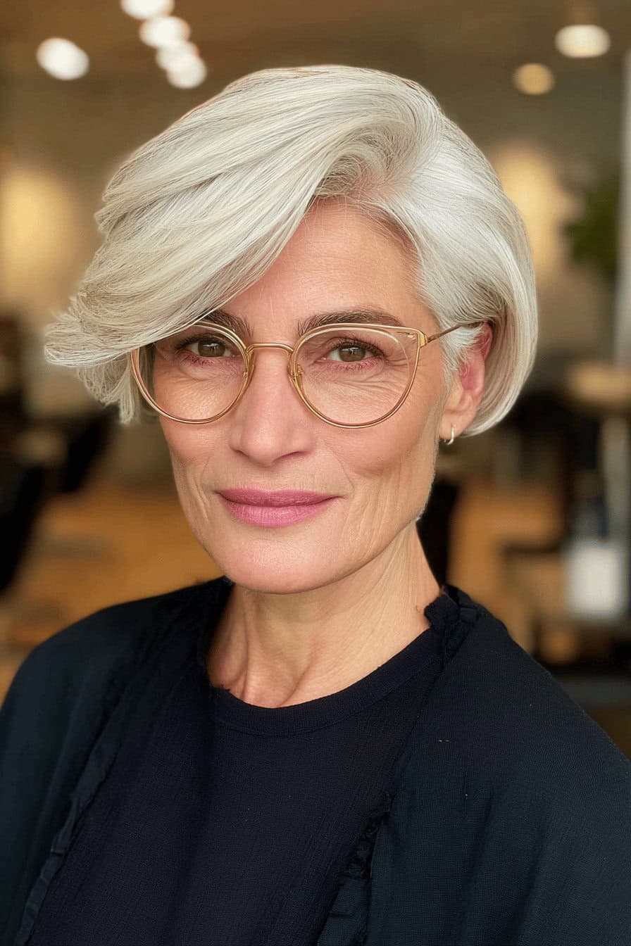 Ältere Frau mit stilvoller grauer Kurzhaarfrisur im Side Sweep und goldener Brille